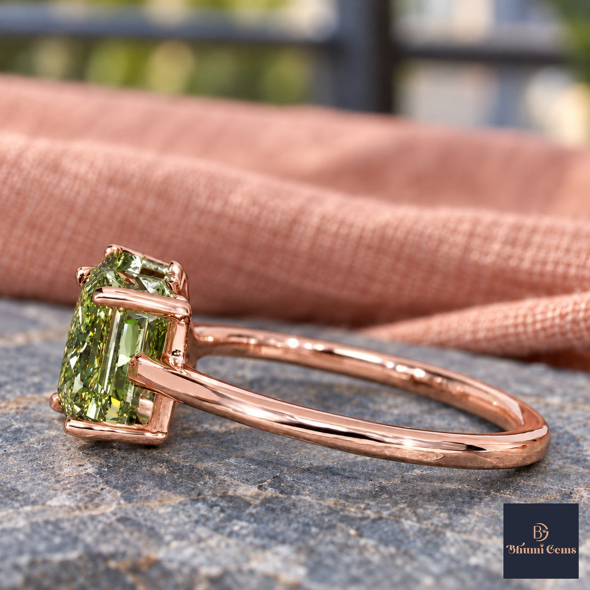 Green Pear and Emerald Cut Lab Grown Diamond Engagement Ring - Toi et Moi in rose gold, side view