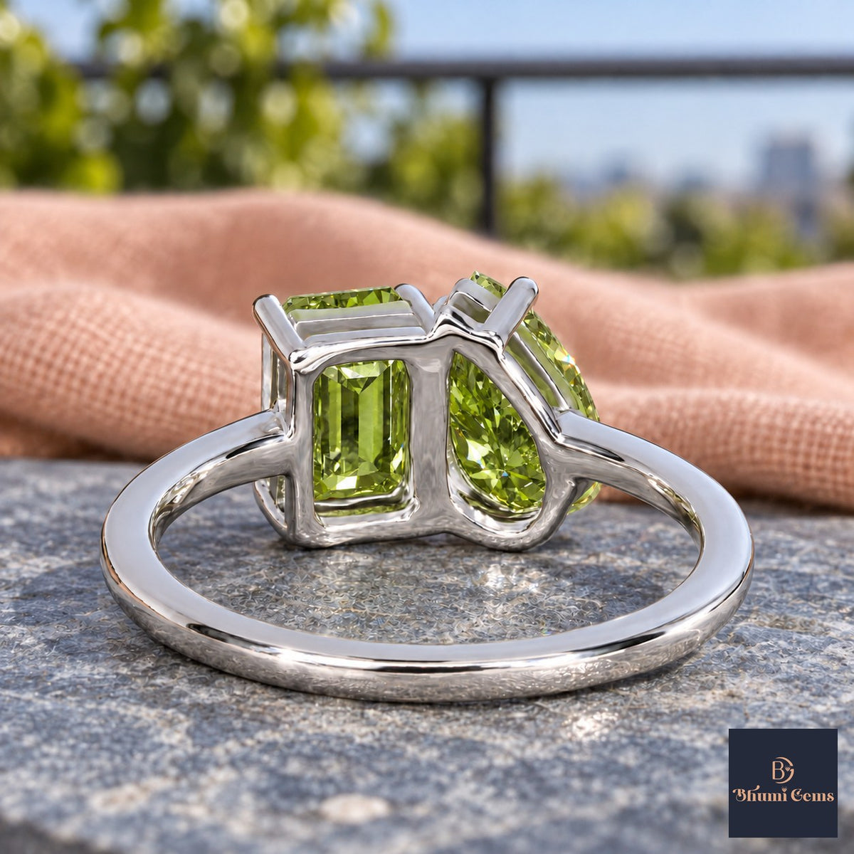 Green Pear and Emerald Cut Lab Grown Diamond Engagement Ring - Toi et Moi in white gold, gallery view
