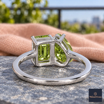 Green Pear and Emerald Cut Lab Grown Diamond Engagement Ring - Toi et Moi in white gold, gallery view