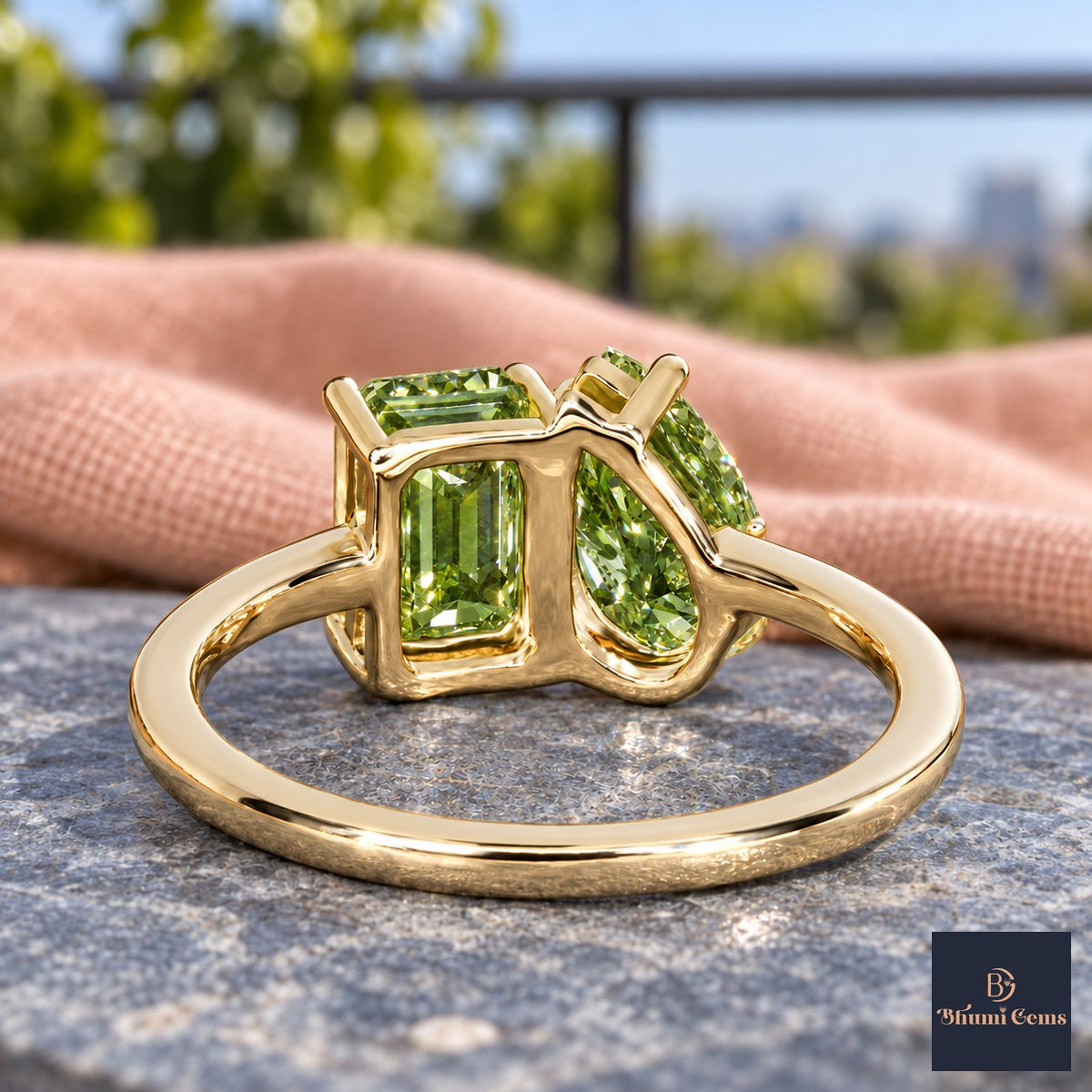 Green Pear and Emerald Cut Lab Grown Diamond Engagement Ring - Toi et Moi in yellow gold, gallery view