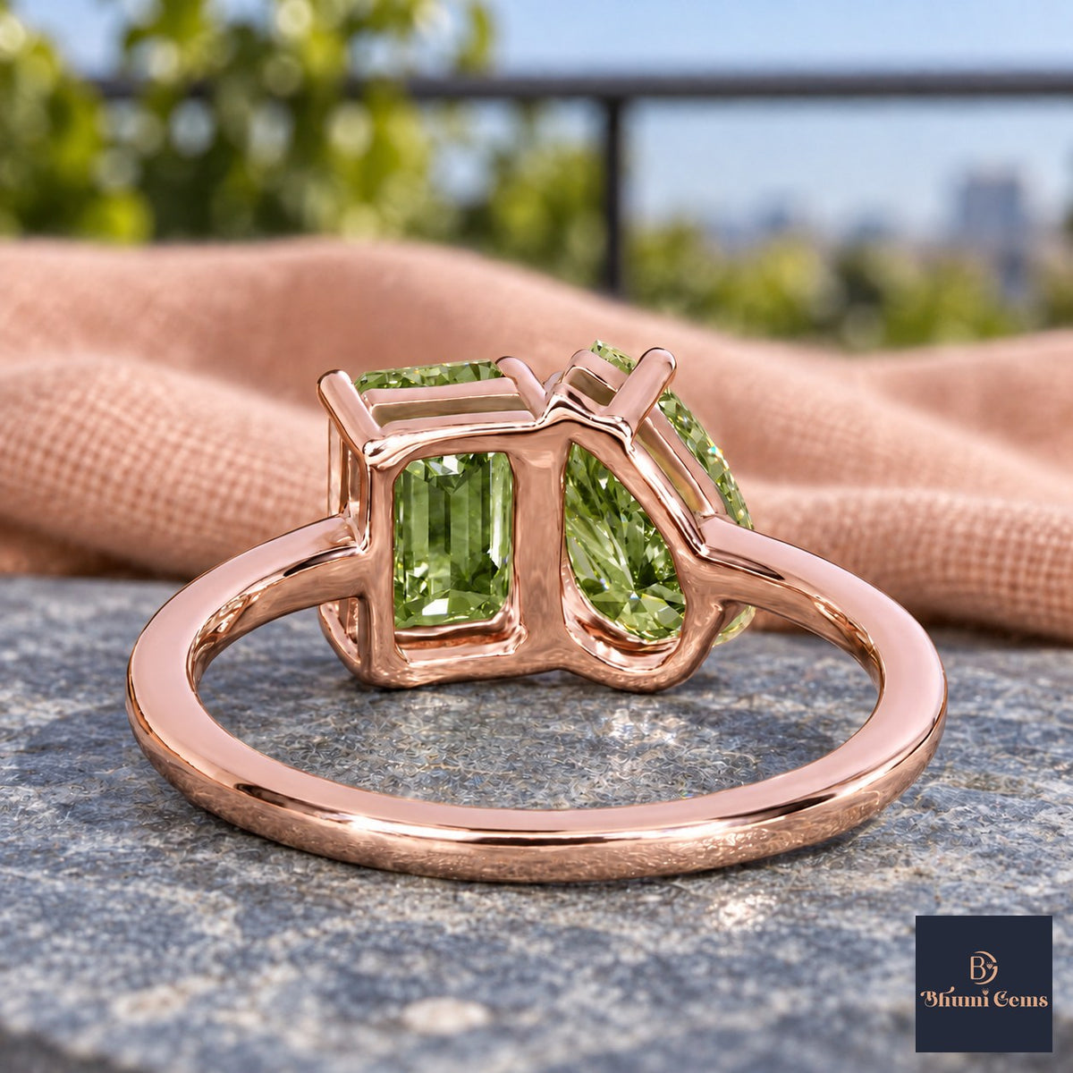 Green Pear and Emerald Cut Lab Grown Diamond Engagement Ring - Toi et Moi in rose gold, gallery view
