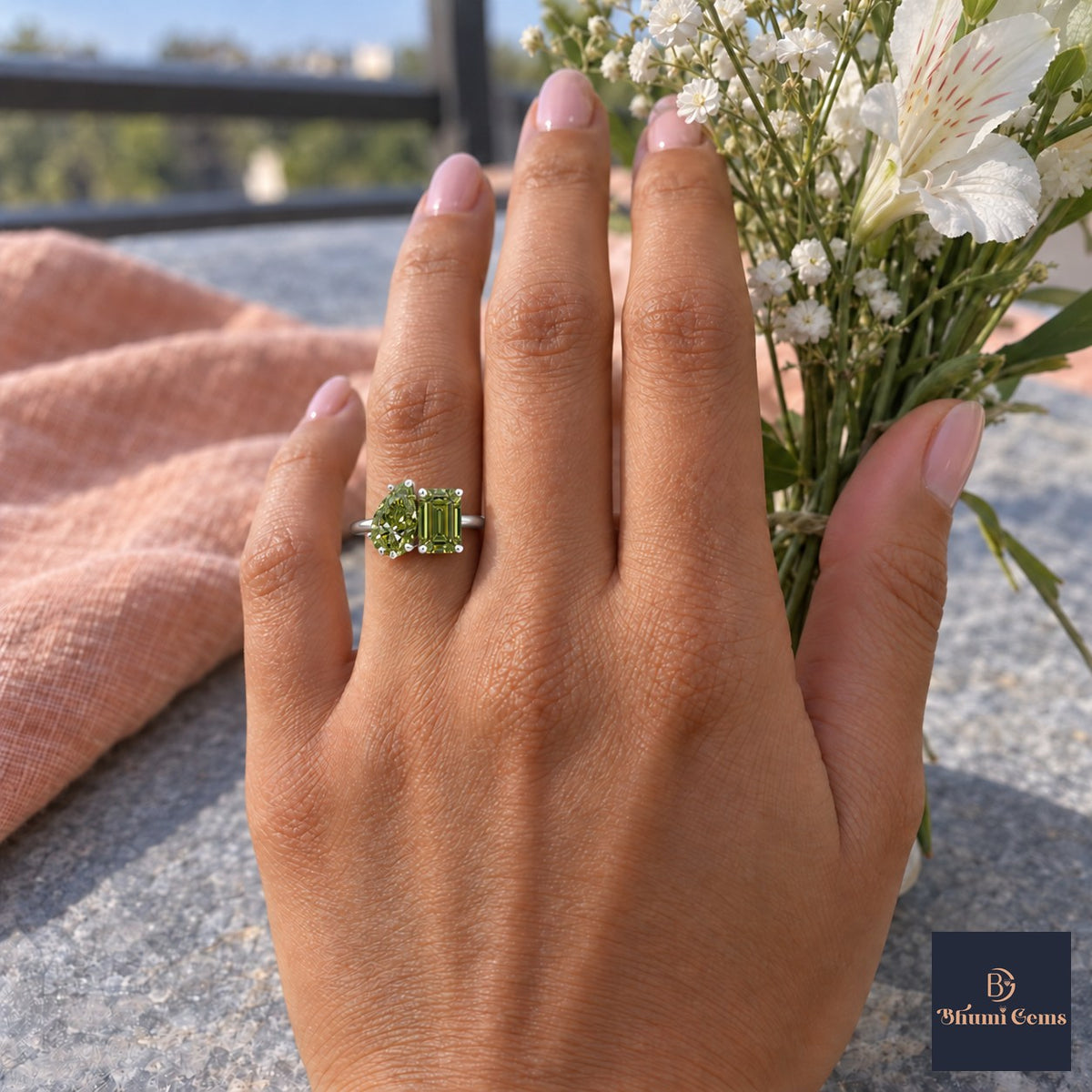 Green Pear and Emerald Cut Lab Grown Diamond Engagement Ring - Toi et Moi in white gold, worn on the hand