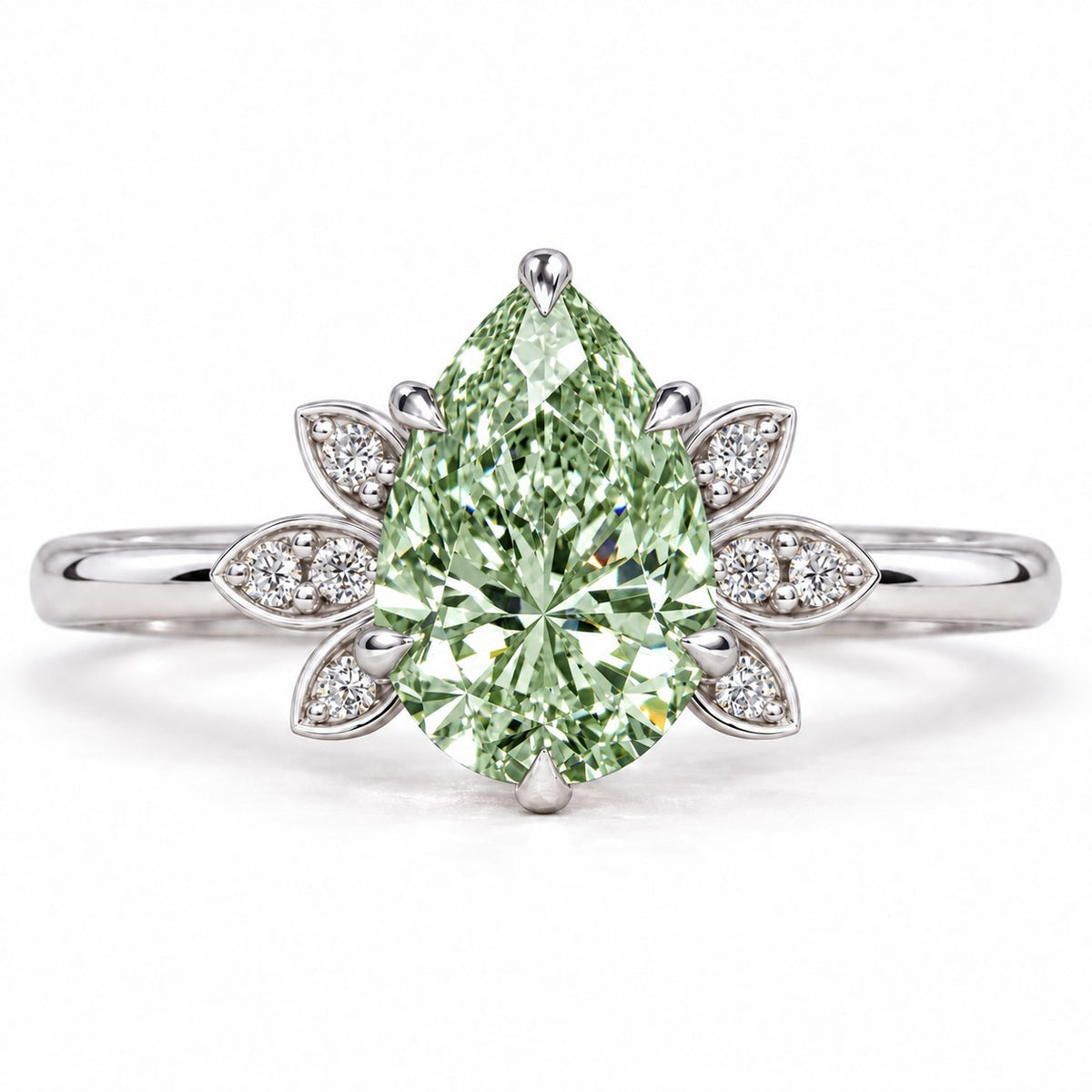 Green Pear Cut Lab Grown Diamond Engagement Ring - Floral Leaf Accents in white gold, front view