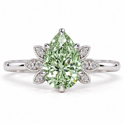 Green Pear Cut Lab Grown Diamond Engagement Ring - Floral Leaf Accents in white gold, front view