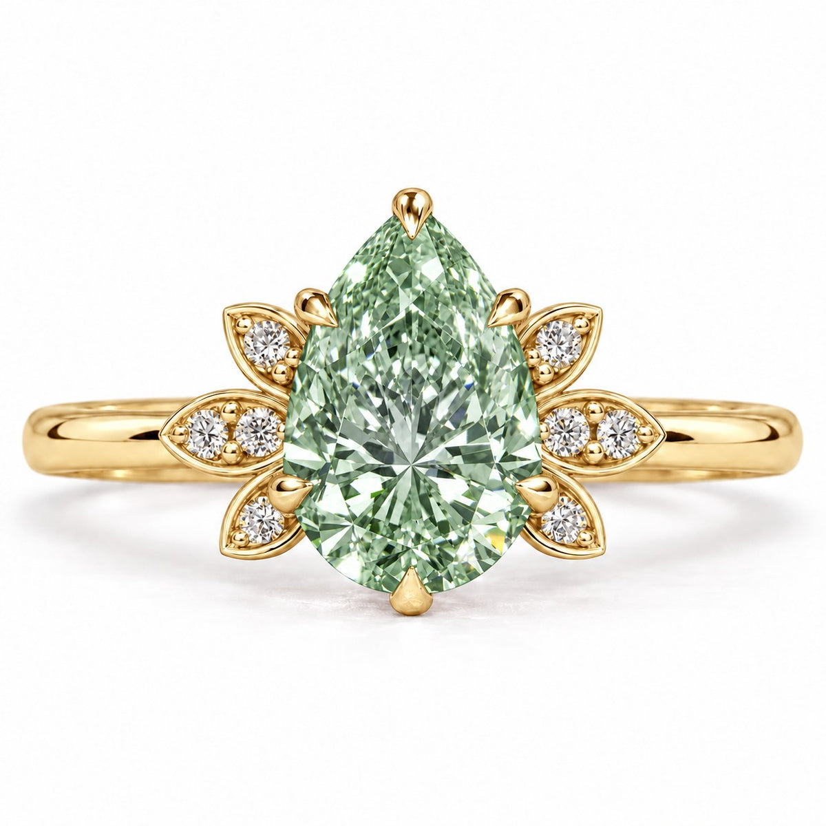 Green Pear Cut Lab Grown Diamond Engagement Ring - Floral Leaf Accents in yellow gold, front view