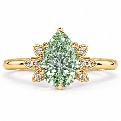 Green Pear Cut Lab Grown Diamond Engagement Ring - Floral Leaf Accents in yellow gold, front view