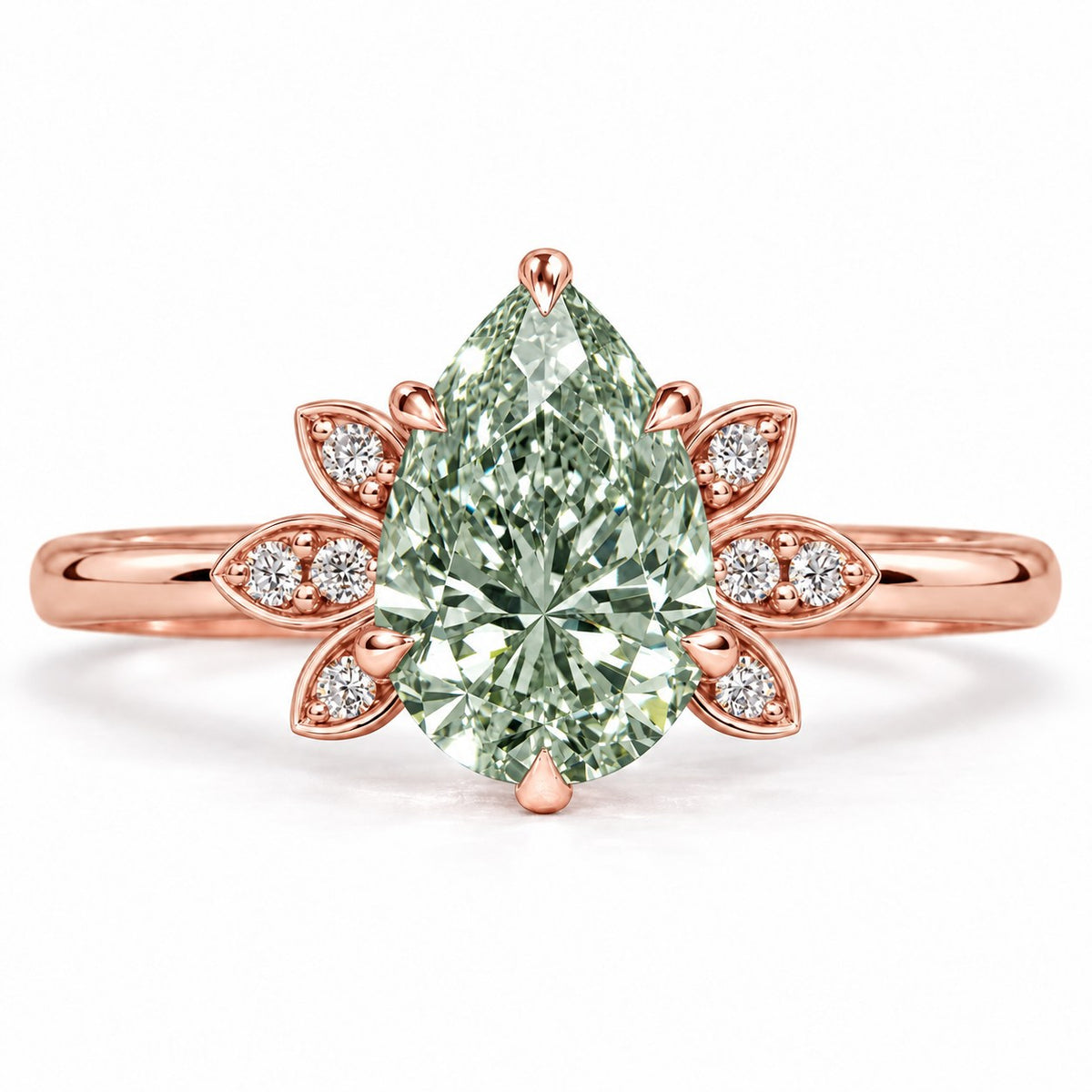 Green Pear Cut Lab Grown Diamond Engagement Ring - Floral Leaf Accents in rose gold, front view