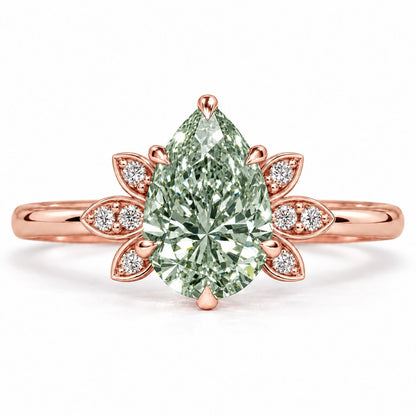 Green Pear Cut Lab Grown Diamond Engagement Ring - Floral Leaf Accents in rose gold, front view