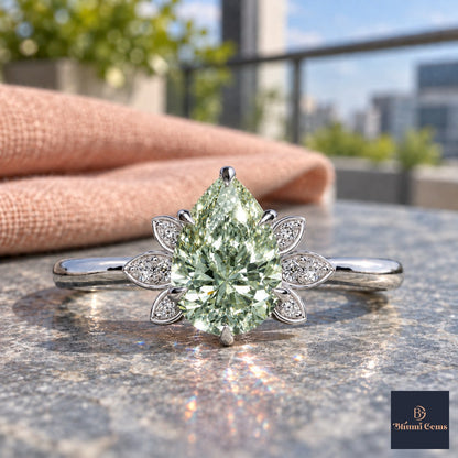 Green Pear Cut Lab Grown Diamond Engagement Ring - Floral Leaf Accents in white gold, close-up