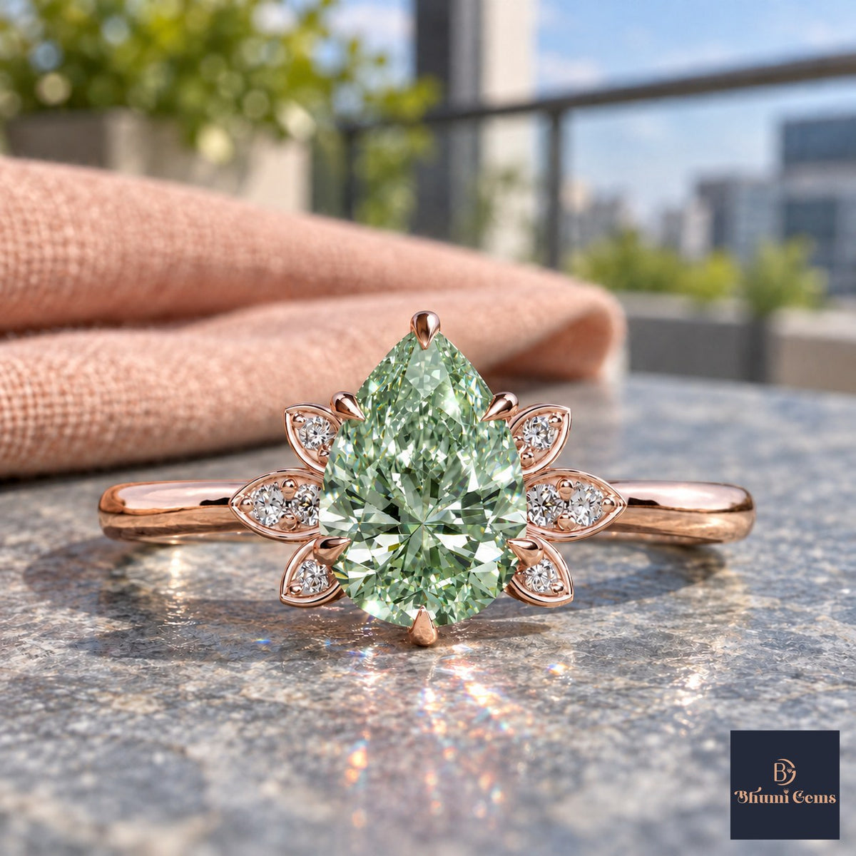 Green Pear Cut Lab Grown Diamond Engagement Ring - Floral Leaf Accents in rose gold, close-up