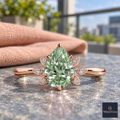 Green Pear Cut Lab Grown Diamond Engagement Ring - Floral Leaf Accents in rose gold, close-up