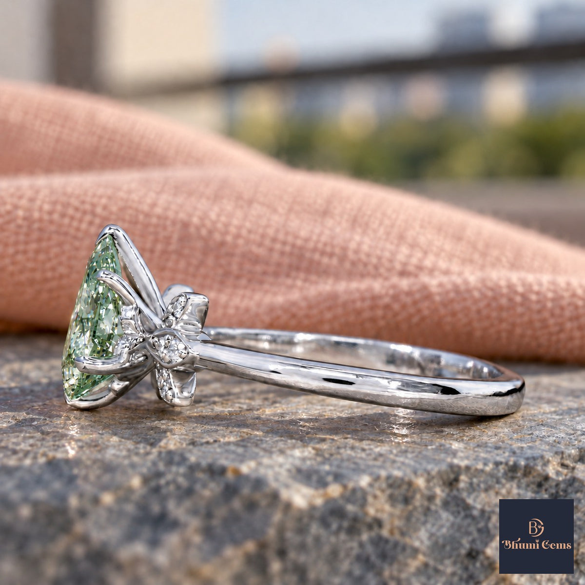 Green Pear Cut Lab Grown Diamond Engagement Ring - Floral Leaf Accents in white gold, side view