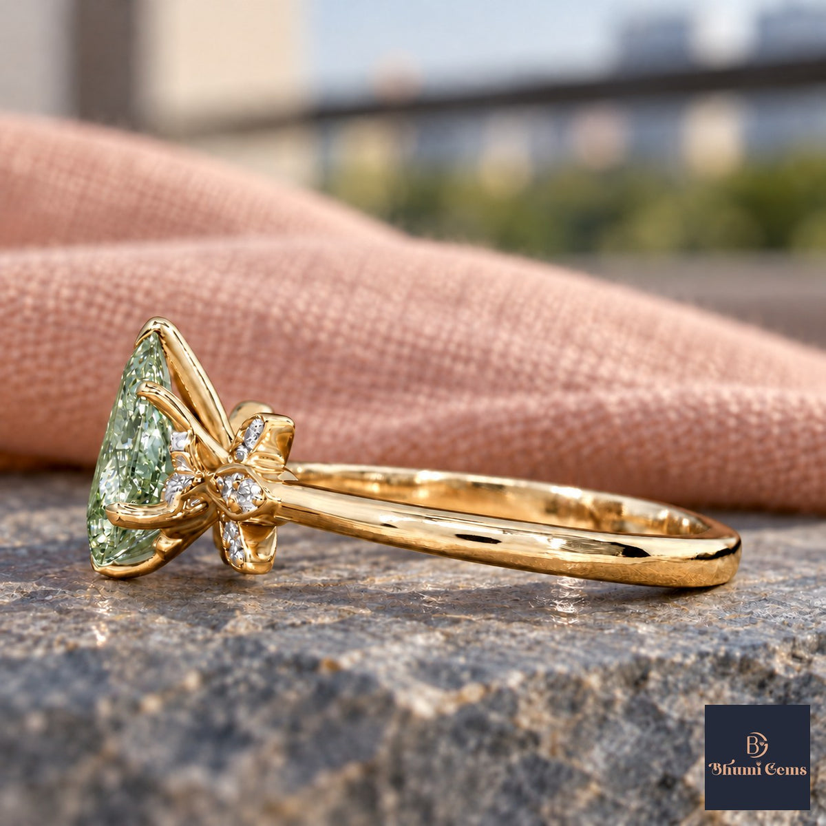 Green Pear Cut Lab Grown Diamond Engagement Ring - Floral Leaf Accents in yellow gold, side view