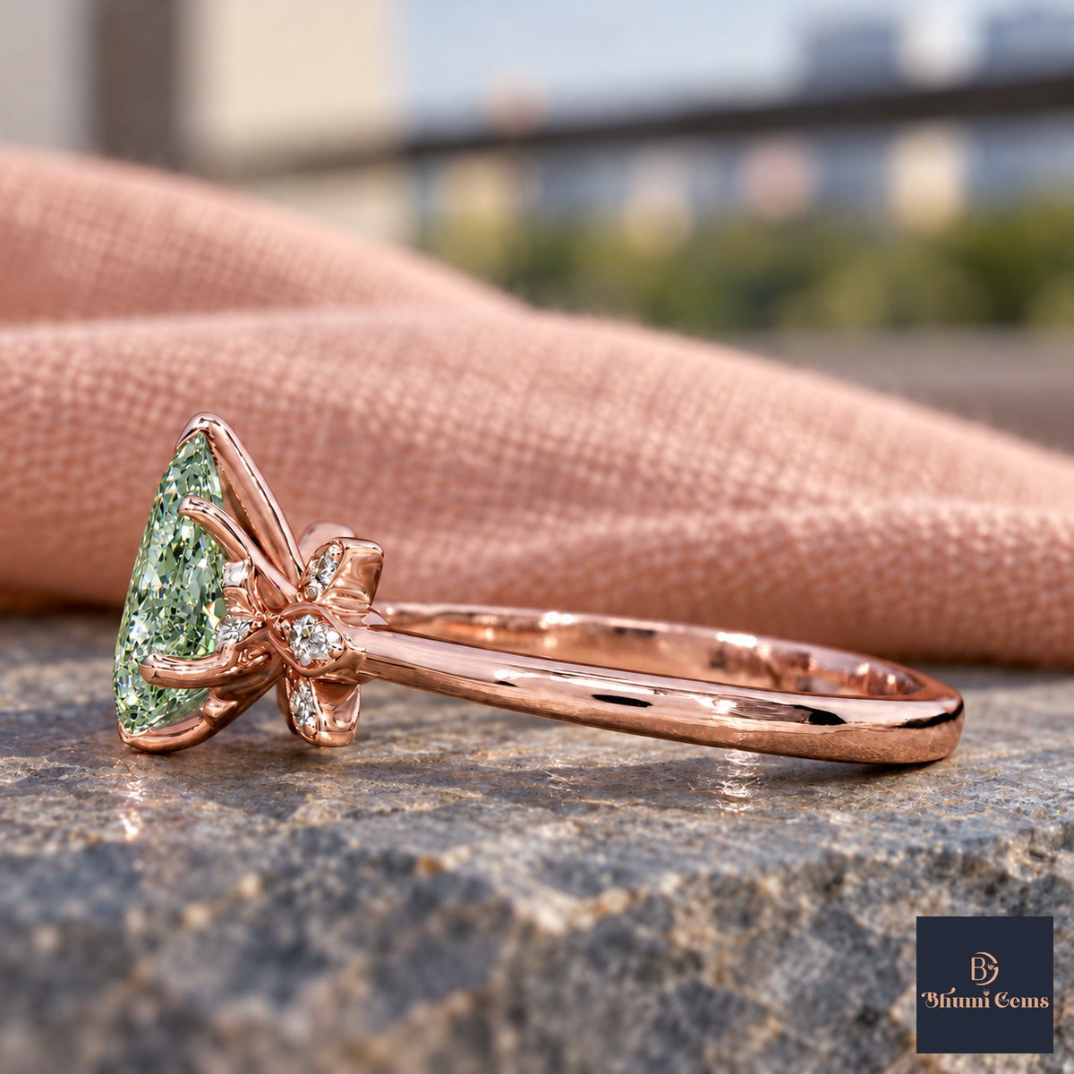 Green Pear Cut Lab Grown Diamond Engagement Ring - Floral Leaf Accents in rose gold, side view