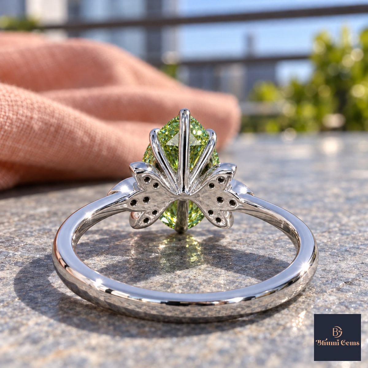 Green Pear Cut Lab Grown Diamond Engagement Ring - Floral Leaf Accents in white gold, gallery view