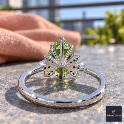 Green Pear Cut Lab Grown Diamond Engagement Ring - Floral Leaf Accents in white gold, gallery view