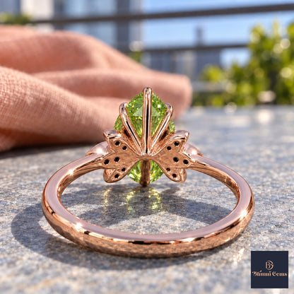 Green Pear Cut Lab Grown Diamond Engagement Ring - Floral Leaf Accents in rose gold, gallery view