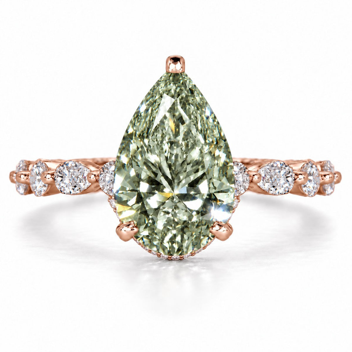 Green Pear Cut Lab Grown Diamond Engagement Ring - Navette Band in rose gold, front view