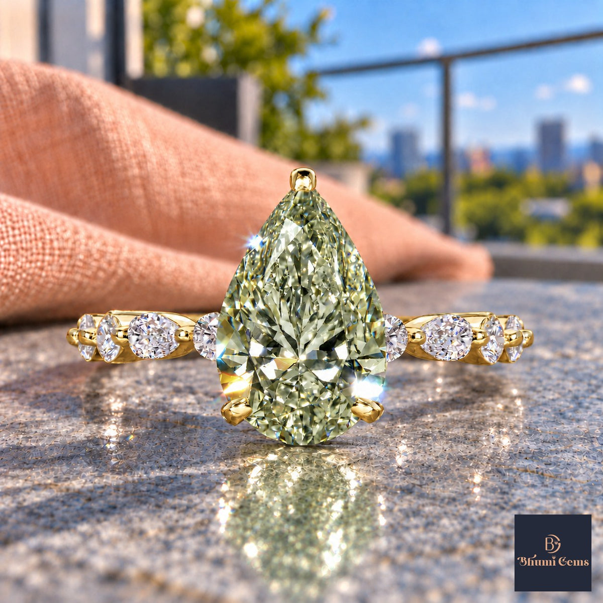 Green Pear Cut Lab Grown Diamond Engagement Ring - Navette Band in yellow gold, close-up