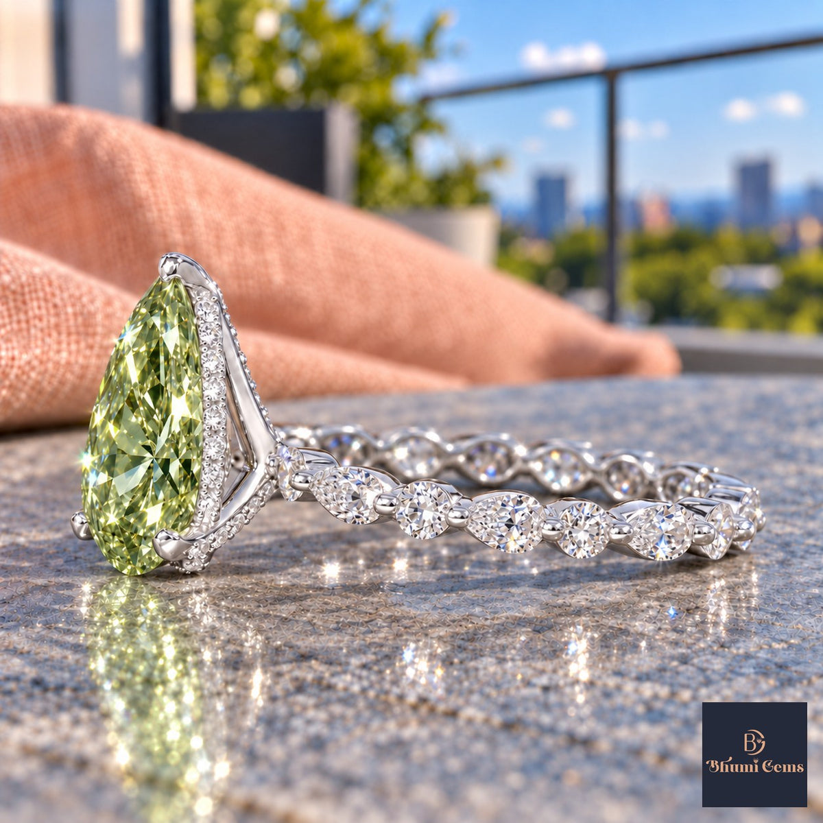 Green Pear Cut Lab Grown Diamond Engagement Ring - Navette Band in white gold, side view