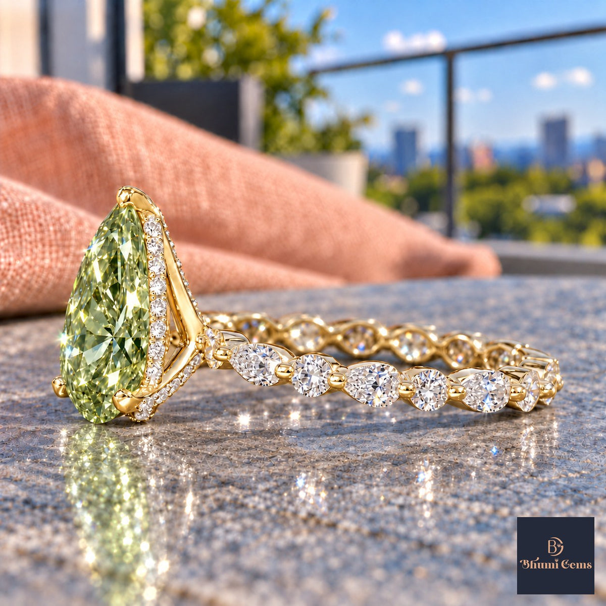 Green Pear Cut Lab Grown Diamond Engagement Ring - Navette Band in yellow gold, side view