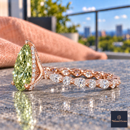 Green Pear Cut Lab Grown Diamond Engagement Ring - Navette Band in rose gold, side view