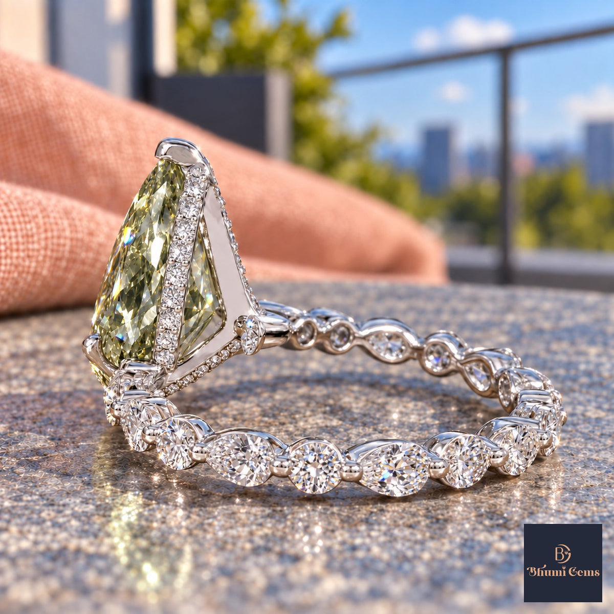 Green Pear Cut Lab Grown Diamond Engagement Ring - Navette Band in white gold, gallery view