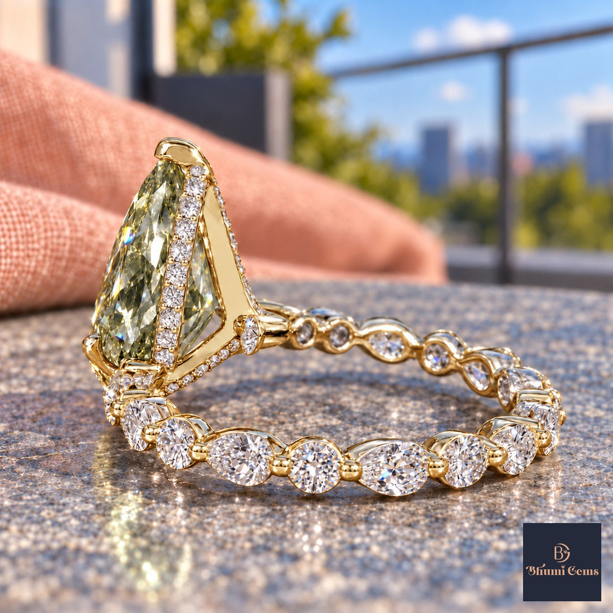 Green Pear Cut Lab Grown Diamond Engagement Ring - Navette Band in yellow gold, gallery view