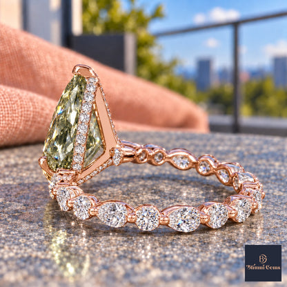 Green Pear Cut Lab Grown Diamond Engagement Ring - Navette Band in rose gold, gallery view