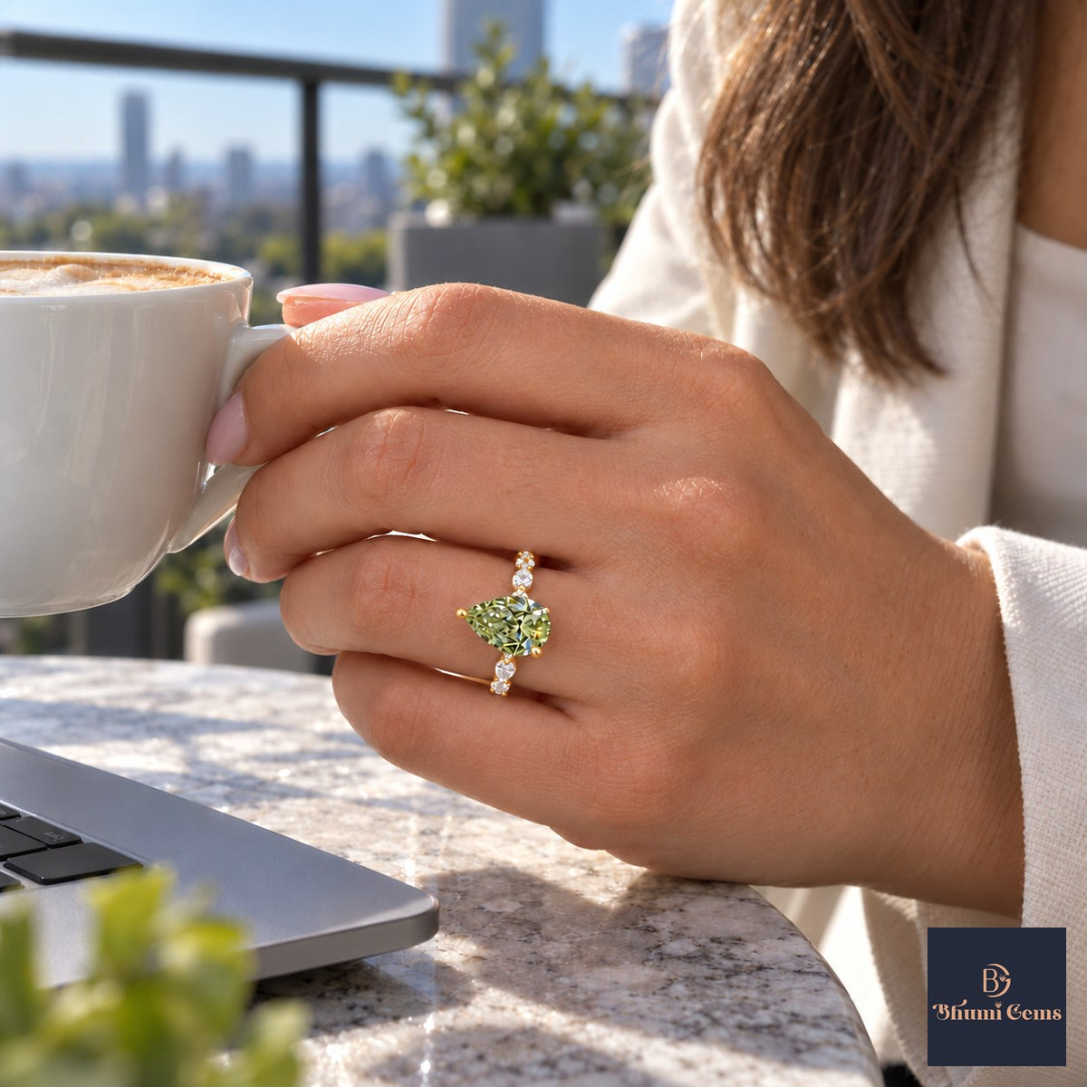 Green Pear Cut Lab Grown Diamond Engagement Ring - Navette Band in yellow gold, worn on the hand
