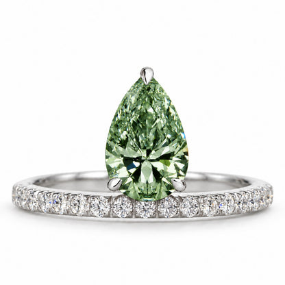 Green Pear Cut Lab Grown Diamond Engagement Ring - Pave Band in white gold, front view