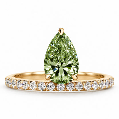 Green Pear Cut Lab Grown Diamond Engagement Ring - Pave Band in yellow gold, front view