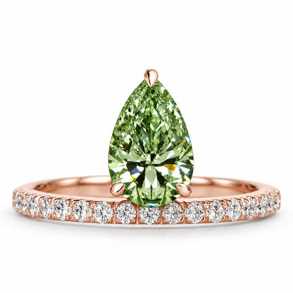 Green Pear Cut Lab Grown Diamond Engagement Ring - Pave Band in rose gold, front view
