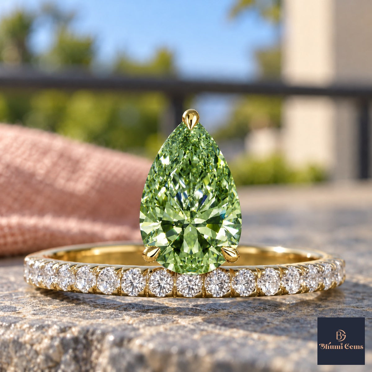 Green Pear Cut Lab Grown Diamond Engagement Ring - Pave Band in yellow gold, close-up