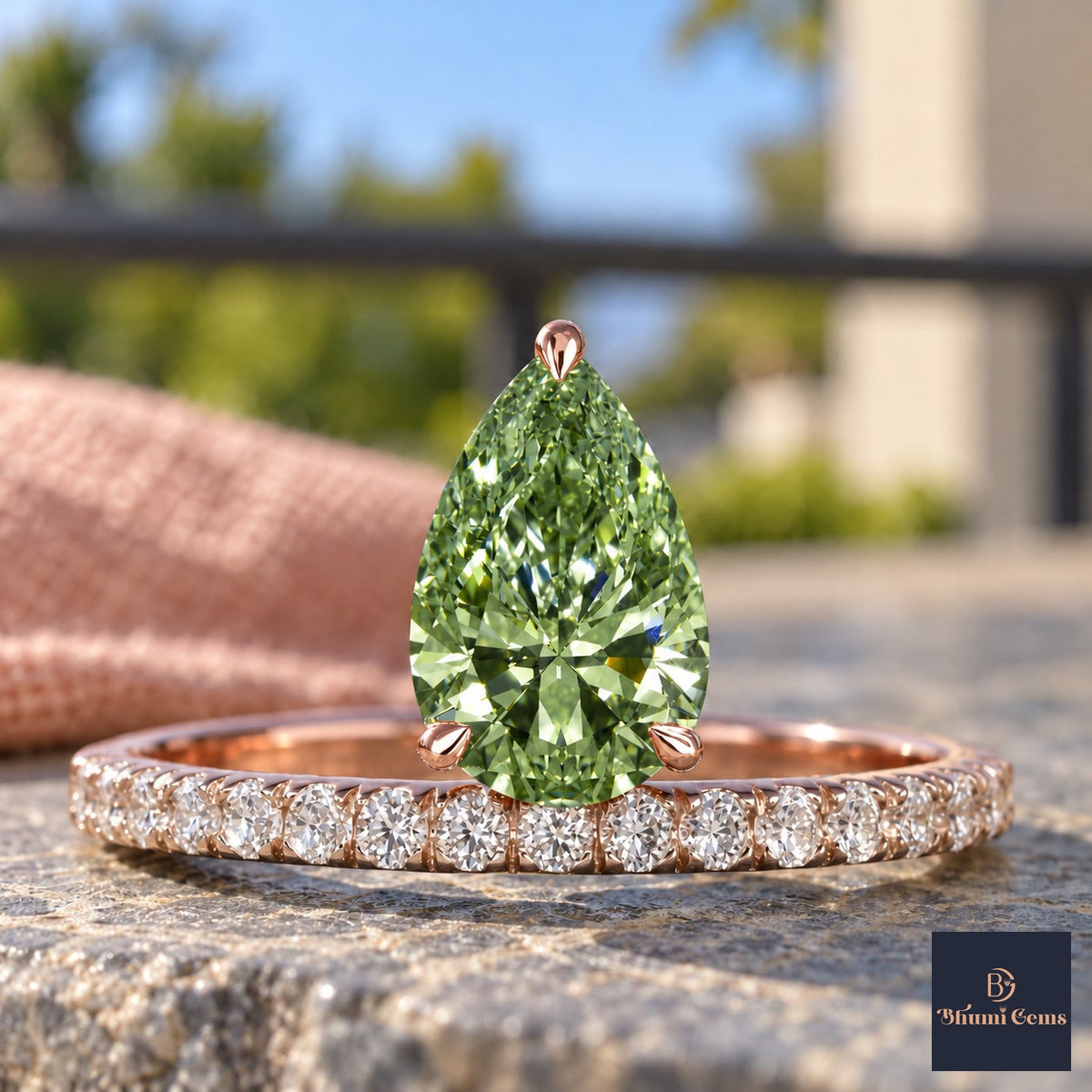 Green Pear Cut Lab Grown Diamond Engagement Ring - Pave Band in rose gold, close-up