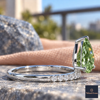 Green Pear Cut Lab Grown Diamond Engagement Ring - Pave Band in white gold, side view