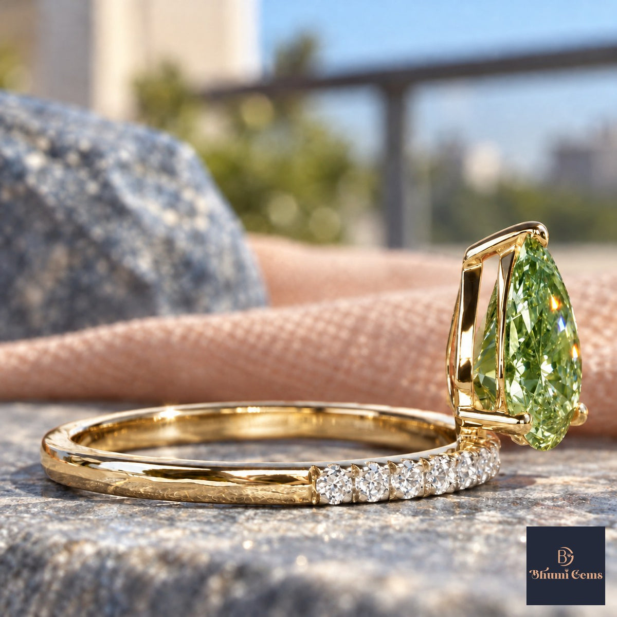 Green Pear Cut Lab Grown Diamond Engagement Ring - Pave Band in yellow gold, side view