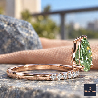 Green Pear Cut Lab Grown Diamond Engagement Ring - Pave Band in rose gold, side view