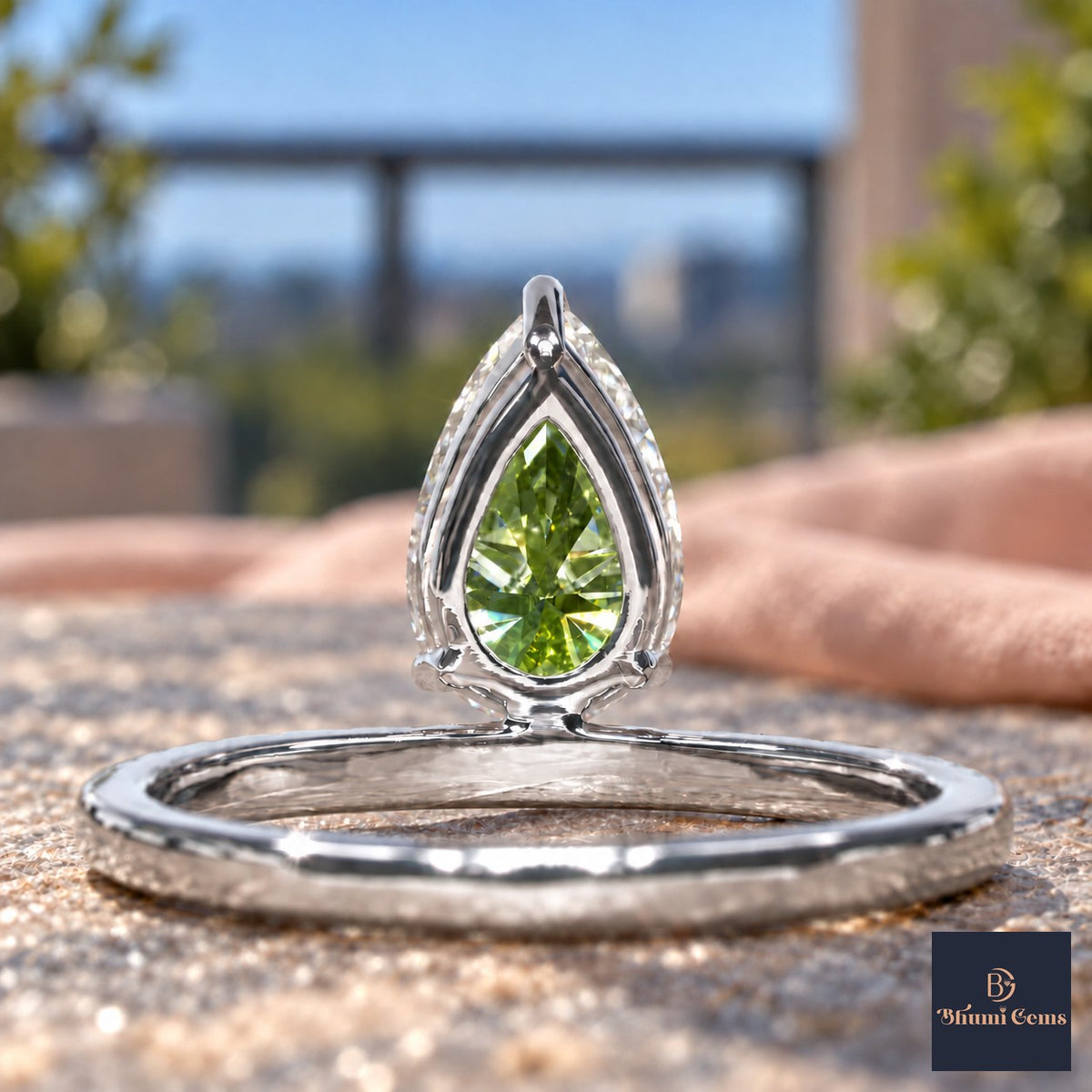 Green Pear Cut Lab Grown Diamond Engagement Ring - Pave Band in white gold, gallery view