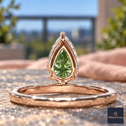 Green Pear Cut Lab Grown Diamond Engagement Ring - Pave Band in rose gold, gallery view