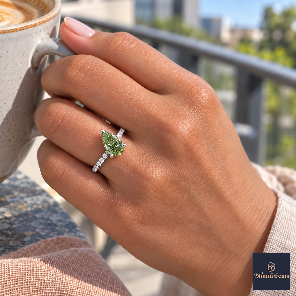 Green Pear Cut Lab Grown Diamond Engagement Ring - Pave Band in white gold, on the hand