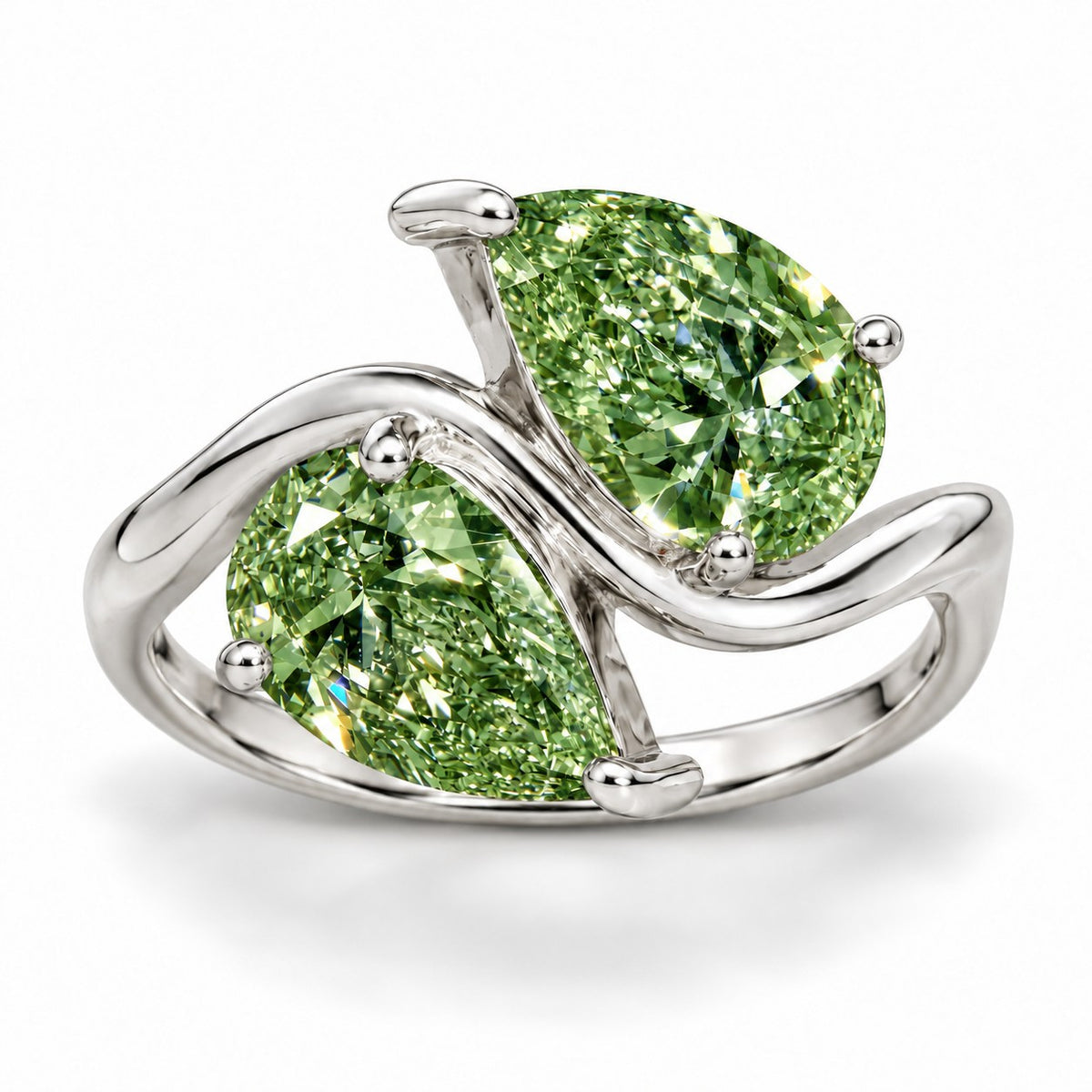 Green Pear Cut Lab Grown Diamond Engagement Ring - Toi et Moi in white gold, front view