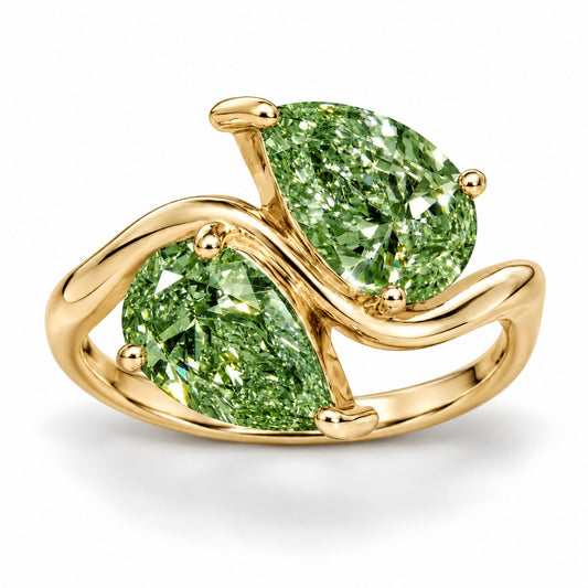 Green Pear Cut Lab Grown Diamond Engagement Ring - Toi et Moi in yellow gold, front view