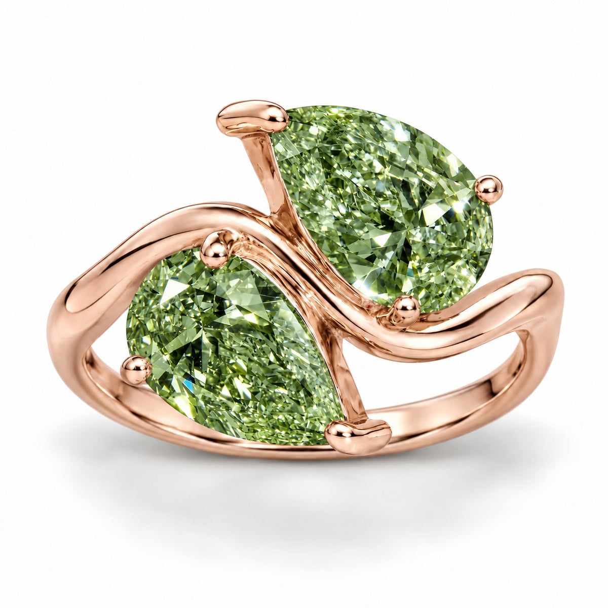 Green Pear Cut Lab Grown Diamond Engagement Ring - Toi et Moi in rose gold, front view