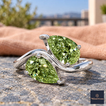 Green Pear Cut Lab Grown Diamond Engagement Ring - Toi et Moi in white gold, close-up