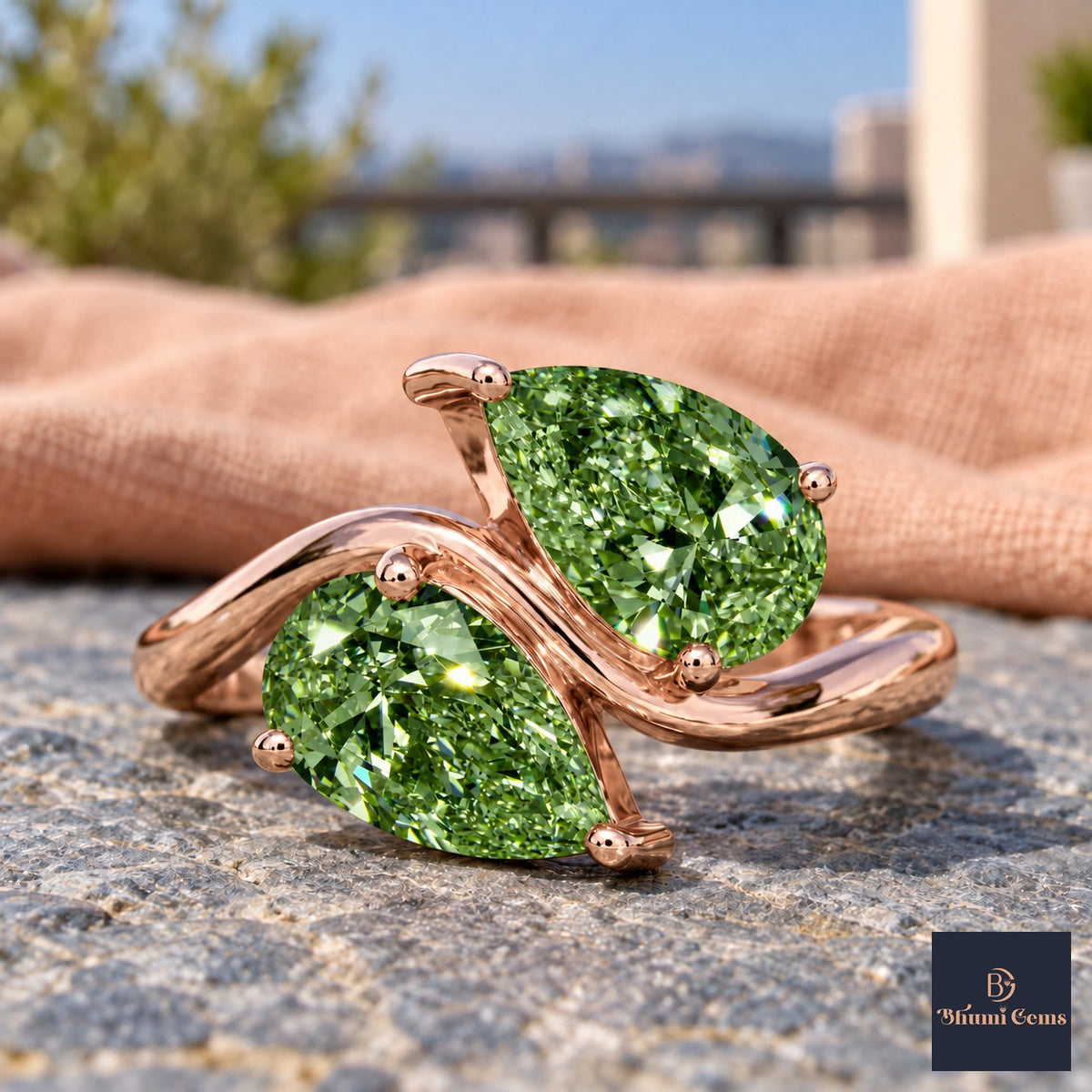 Green Pear Cut Lab Grown Diamond Engagement Ring - Toi et Moi in rose gold, close-up