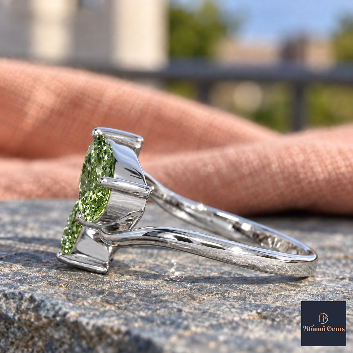Green Pear Cut Lab Grown Diamond Engagement Ring - Toi et Moi in white gold, side view