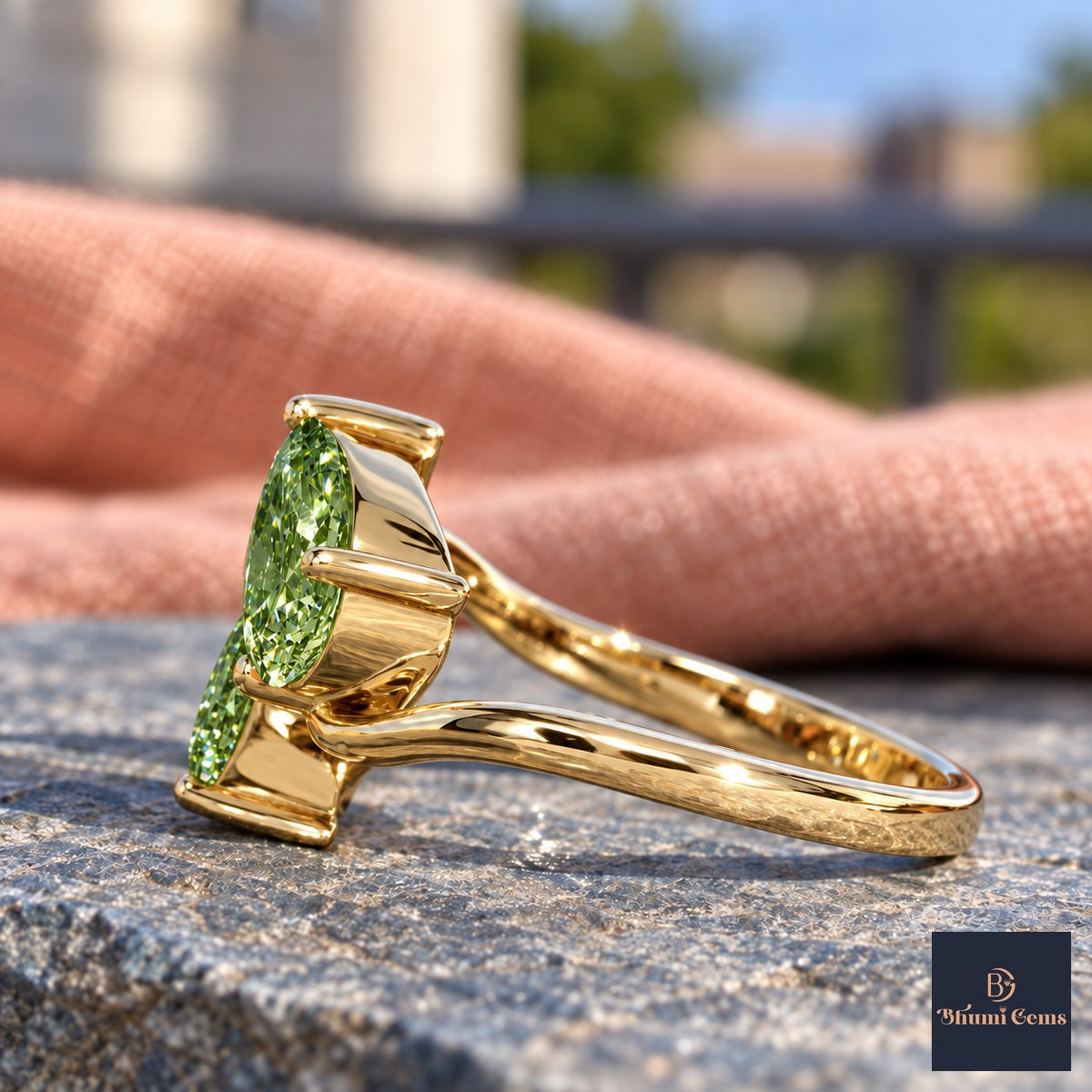 Green Pear Cut Lab Grown Diamond Engagement Ring - Toi et Moi in yellow gold, side view