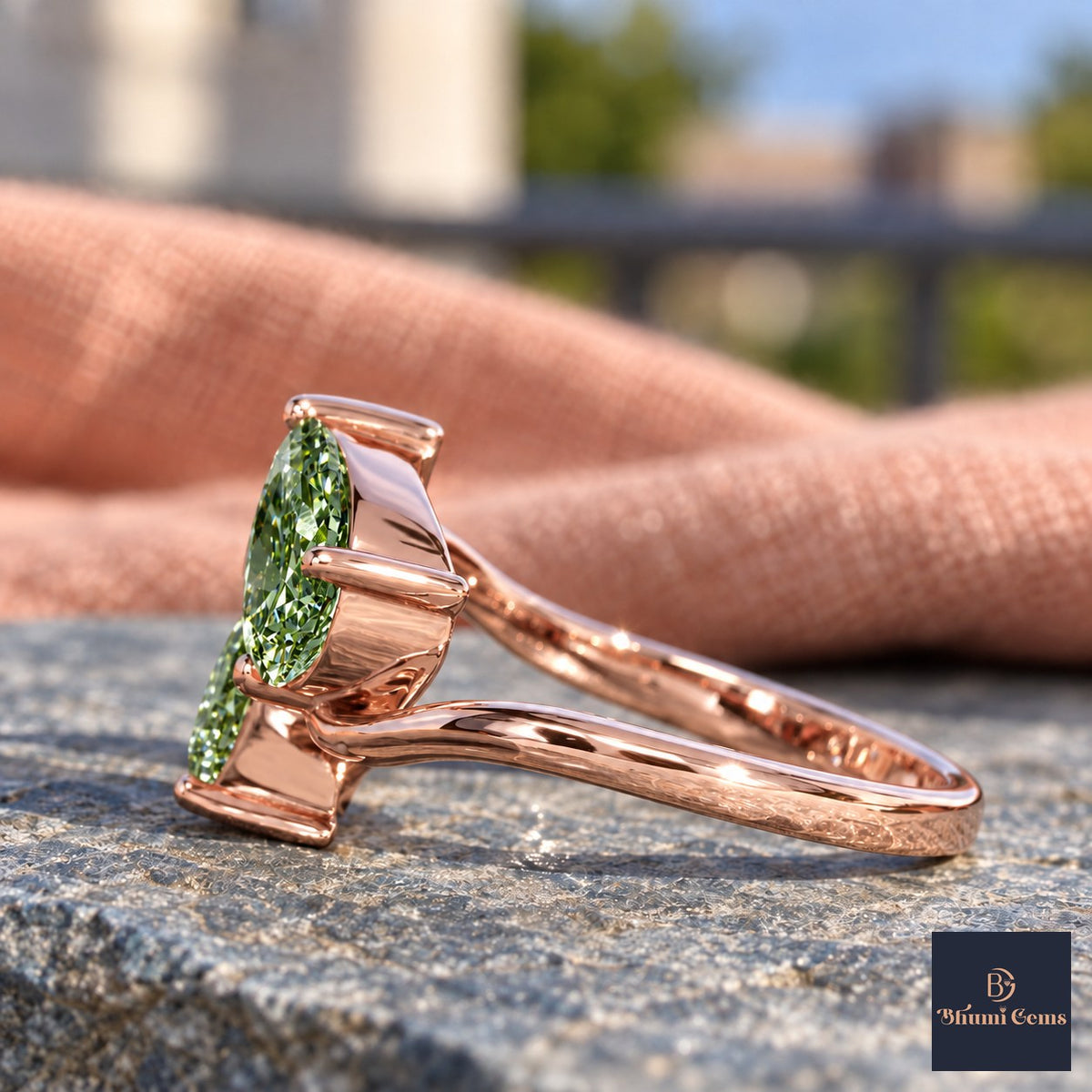 Green Pear Cut Lab Grown Diamond Engagement Ring - Toi et Moi in rose gold, side view