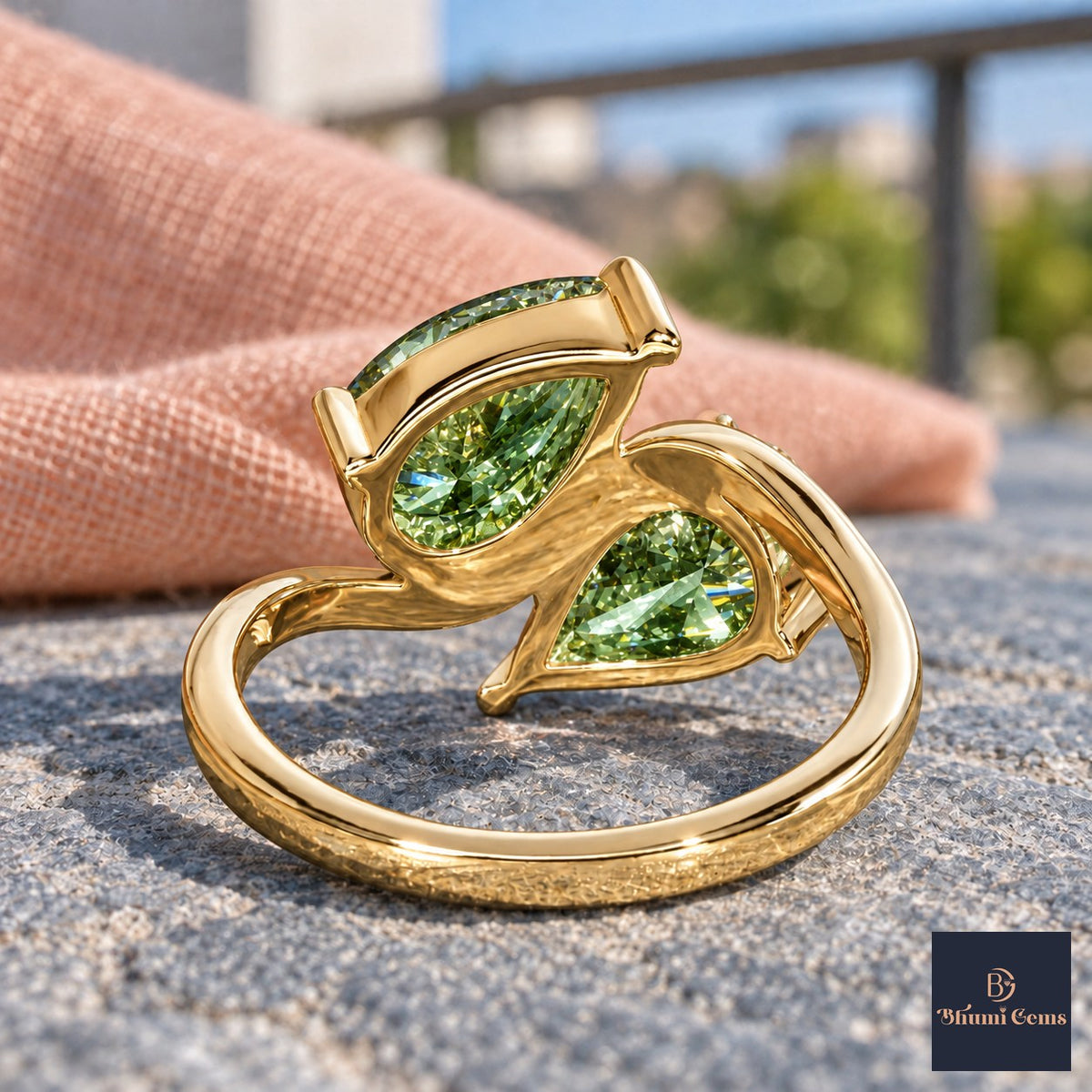 Green Pear Cut Lab Grown Diamond Engagement Ring - Toi et Moi in yellow gold, gallery view